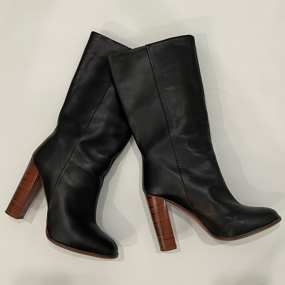 Zara Collection Black Leather Block Heel Mid Calf Boots Size 37 6.5